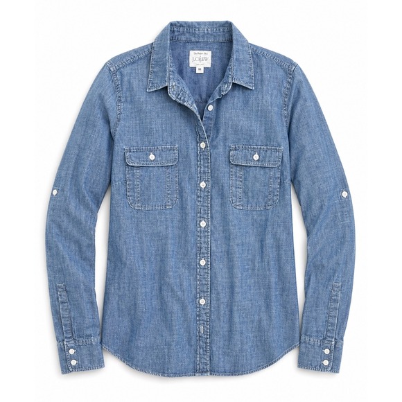 J. Crew Tops - J.Crew Chambray Button Down Shirt Women's Medium Blue Denim Lightweight Classic